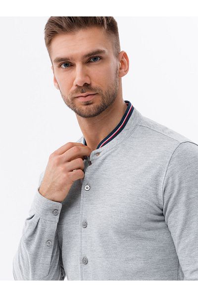 OMBRE Pánská bavlněná košile SLIM FIT s límečkem - šedá V5 OM-SHCS-0178 XL