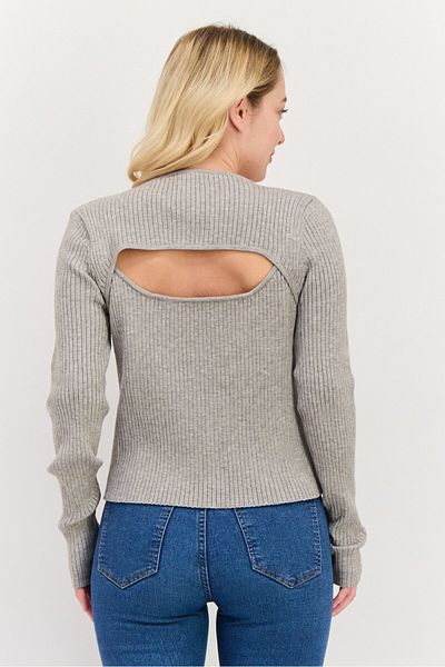 Sage The Label Women Round Neck Long Sleeve Ribbed Cut Out Blouse, Grey