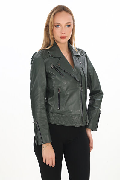 db deriburada original Women's Cross Double Zippered Genuine Leather Coat