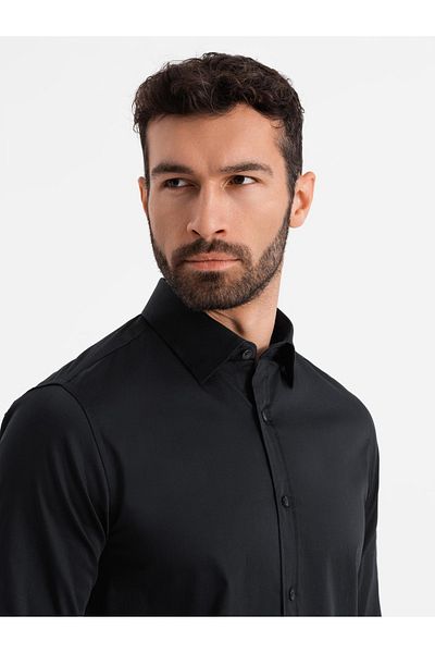OMBRE Klasická pánská košile SLIM FIT ze saténové látky - černá V4 OM-SHOS-0176 XXL
