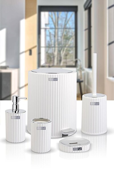 Okyanus Home Σετ μπάνιου Coliseum White Chrome 5 τεμαχίων με εσωτερικό κουβά και πεντάλ