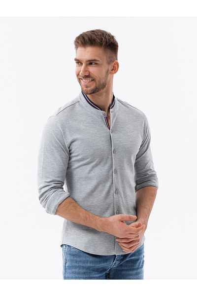 OMBRE Pánská bavlněná košile SLIM FIT s límečkem - šedá V5 OM-SHCS-0178 XL