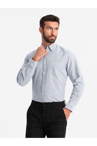 OMBRE Elegantes Herren Oxfordhemd mit Stickerei und Tasche - hellgrau V2 OM-SHOS-0173 S