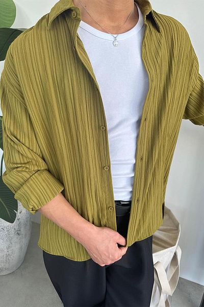 HAFKAGİYİM Vintage Πράσινο Τσακισμένο Πουκάμισο Vintage Slit Cropped