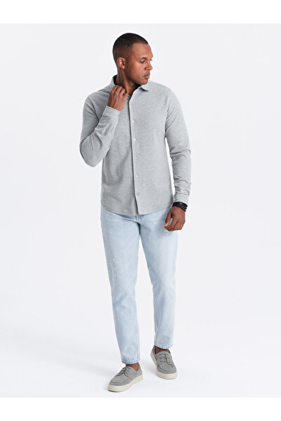 OMBRE Pánská pletená košile SLIM FIT s dlouhým rukávem - šedá V5 OM-SHCS-0177 M