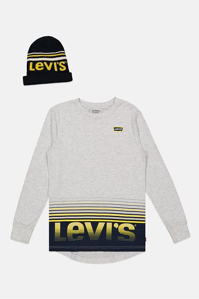 Levi's Kids Boy 2 Pcs Round Neck Long Sleeve Heather T-shirt With Beanie, Grey And Navy