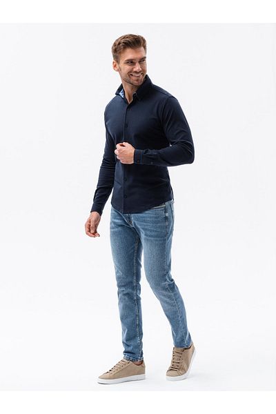 OMBRE Pánská pletená košile SLIM FIT s dlouhým rukávem - tmavě modrá V2 OM-SHCS-0177 S