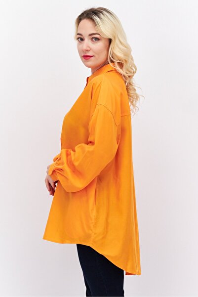 Esprit Women Oversize Pointed Neck Long Sleeve Solid Blouse, Orange