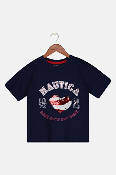 Nautica Kids Girl Round Neck Short Sleeve Top, Navy Combo