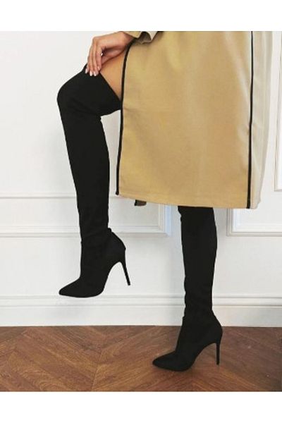 Afilli Women's Black Suede Thin High Heels Stretch Flexible Socks Evening Dress Pointed Over-the-Knee Boots Long Boots