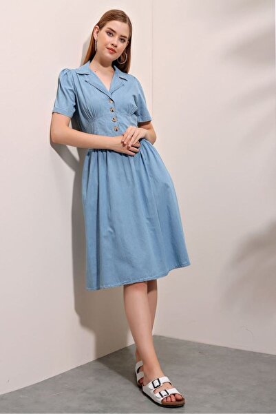 LE CARAMBOLE Kadın Mavi Önü Düğmeli Cepli Kısa Kollu Kot Elbise