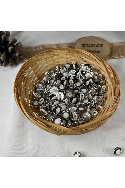 Bukle İplik Silver Metallized Plastic Button - White Round Detail, Bottom Stand, 1.2 cm Diameter (20 Pcs)