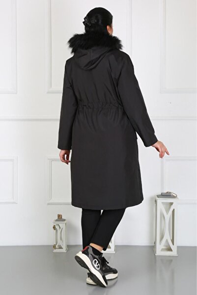 By Alba Collection Women's Long Bondite Fabric Curly Inside Large Size Coat Black