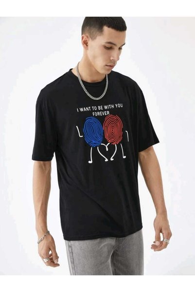 JENOLAN 2-Piece Lover's Combination Endlessly Printed T-Shirt Unisex Loose Oversize Boyfirend (1003)