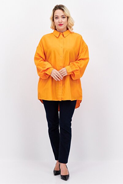 Esprit Women Oversize Pointed Neck Long Sleeve Solid Blouse, Orange