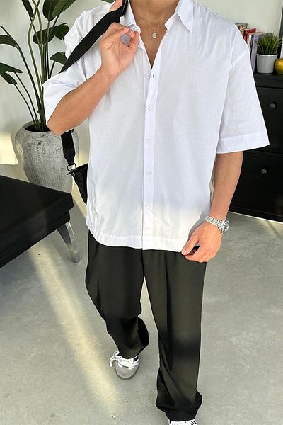 HAFKAGİYİM Λευκό Basic Oversize κοντομάνικο πουκάμισο