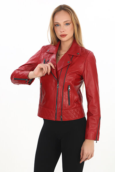 db deriburada original Women's Cross Double Zippered Genuine Leather Coat