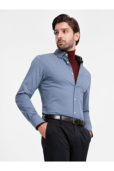 OMBRE Cămașă SLIM FIT pentru bărbați din țesătură decorativă cu buzunar - albastru OM-SHCS-0174 XXL