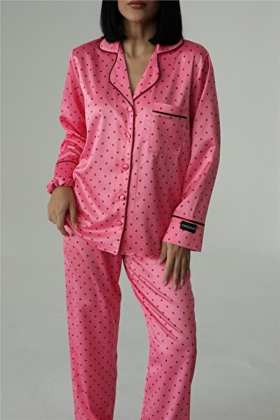 COCCOLARSI Pois Rosa Saten Uzun Pijama Takımı