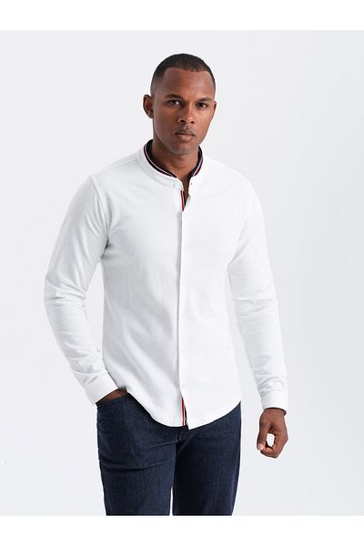 OMBRE Herren SLIM FIT Baumwollhemd mit Stehkragen und farbigen Streifen - weiß V1 OM-SHCS-0178 L