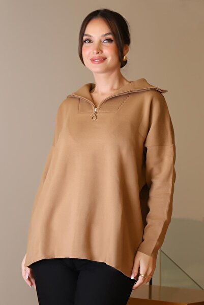 Nazen Giyim Wide Collar Zippered Camel Knitting Women's Sweater 6078-2K5