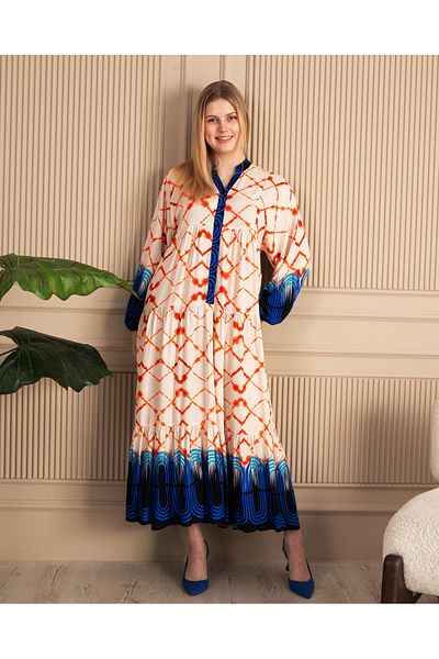AYASOFYA OTANTIK Women's Orange Blue Colored Ethnic Print Ankles Elastic Balloon Sleeve Long Dress