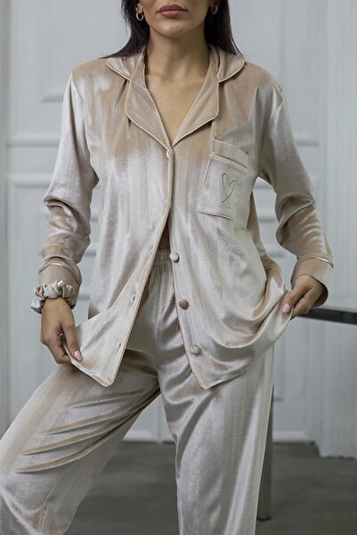 COCCOLARSI Tocco Scintillante Bej Kadife Uzun Pijama Takımı