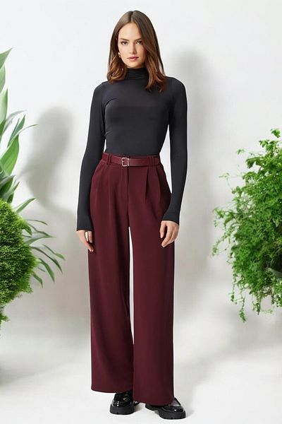 HAKKE Women's Belted Lycra Black Palazzo Pant