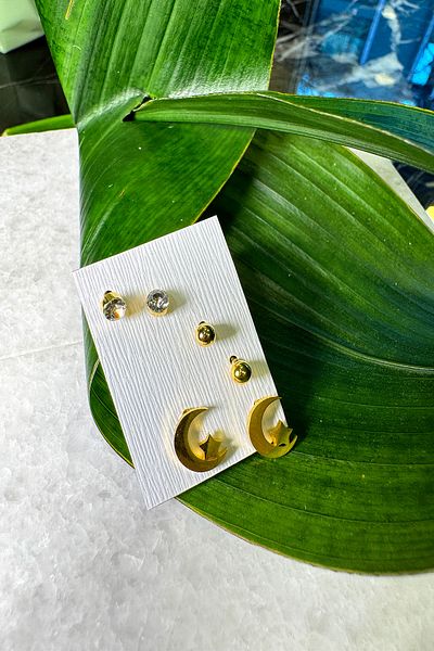 MOONİ ACCESSORİES Steel Moon Star Zircon Stone Round Set of 3 Gold Gold Color 316L Earrings