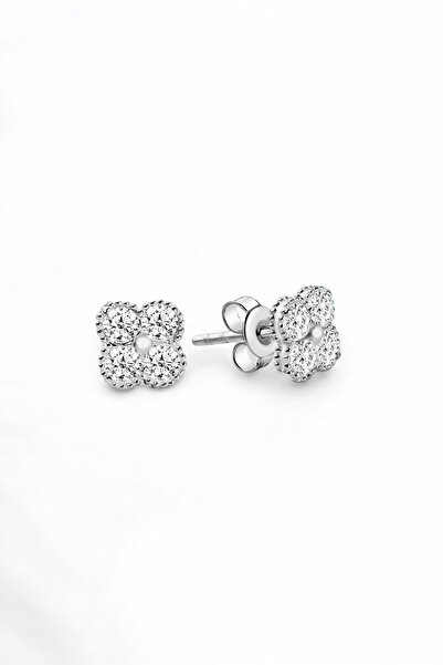 jelux silver Gümüş 925 Ayar Zirkon Taşlı Yonca Model Çivili Rodyumlu Küpe