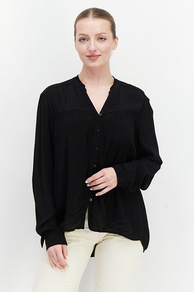 Esprit Women Split Neck Long Sleeve Textured Blouse Top, Black