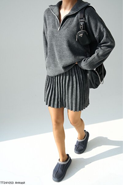 Lupies Kadın Krem Fermuarlı Kazak-Pileli Etek Triko Takım