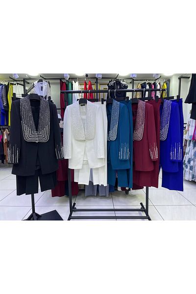 Alury group Women's Collar with Stone Embroidered Buttons. Jacket Pantalon Blouse.