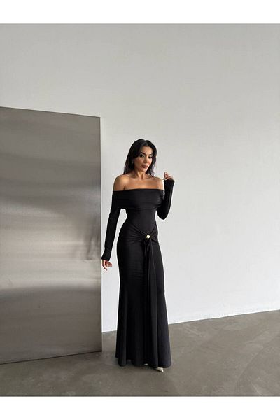 popibutik Women's Off-Shoulder Waist Detail Candy Fabric Maxi Length Dress