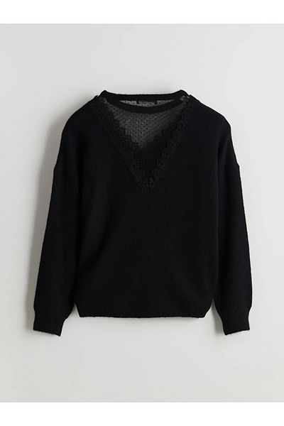 LC Waikiki LCWAIKIKI Pulover de tricotaj pentru femei, cu decolteu clasic, cu dantelă