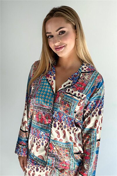 COCCOLARSI Etnik Motifler Desen Saten Uzun Pijama Takımı