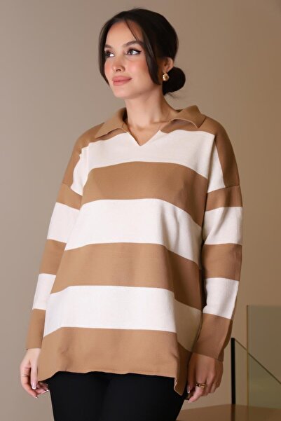Nazen Giyim V-Neck Stripes Camel Ecru Women's Knitting Sweater 5208-2K5