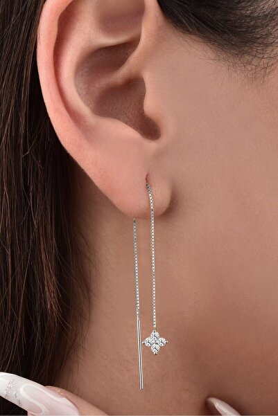 jelux silver Gümüş 925 Ayar Zirkon Taşlı Yıldız Model Zincirli Küpe