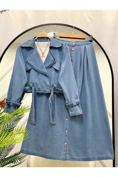 YEDİLALE Denim Jacket Skirt Suit [Antiqued Floor Floor Opened Dark Places Available, Wide Fit]
