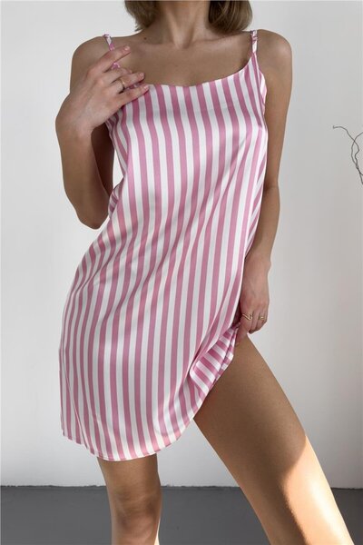 COCCOLARSI Pudra ve Beyaz Çizgili Ayarlanabilir Askılı Saten Gecelik