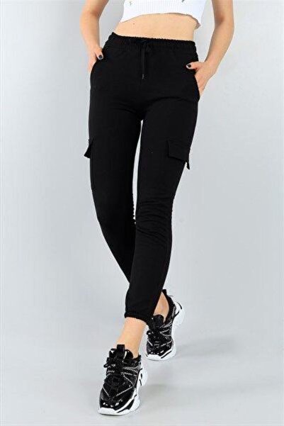 THE WHITE Γυναικείο μαύρο πλαϊνή τσέπη λαστιχένιο παντελόνι με 2 κλωστές, άνετο