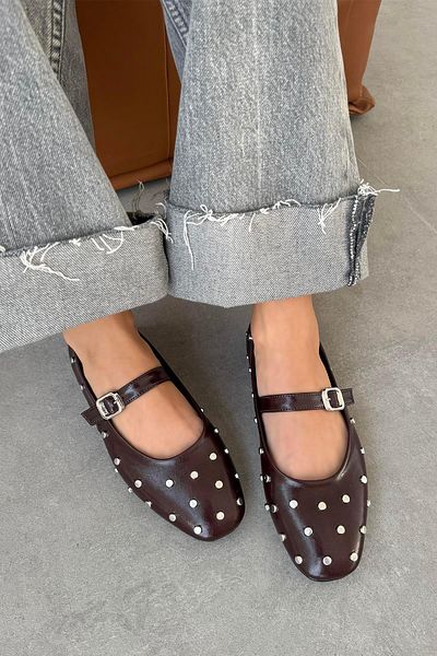 STRASWANS Balerini din piele încrețită pentru femei Burgundy Azure