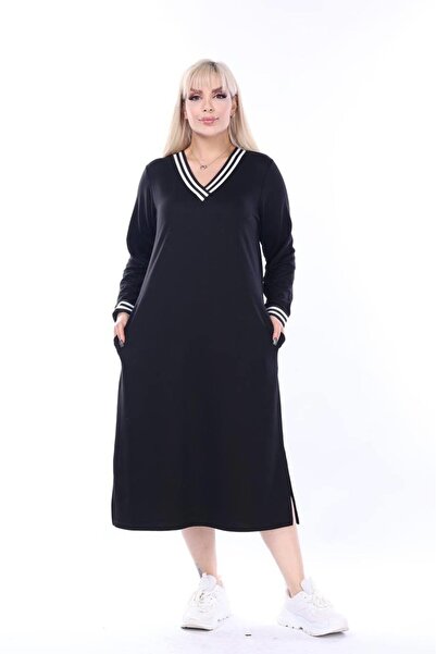 kısmet sepeti Women's Plus Size V-Neck Sporty Stripe Sleeve Detail Combed Cot...