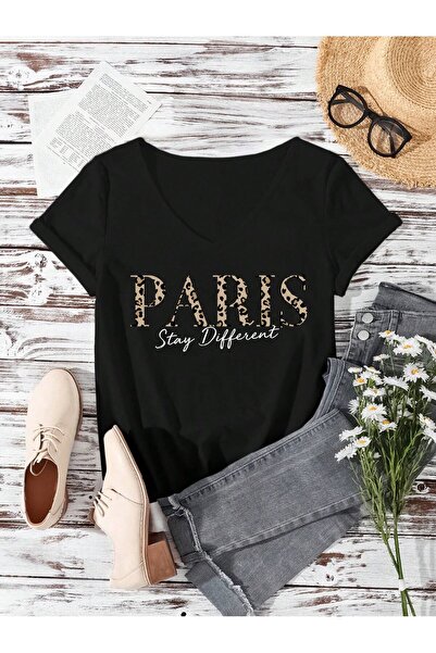 mercoledi تي شيرت نسائي كاجوال كبير الحجم مطبوع برقبة على شكل حرف V