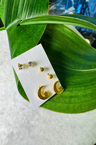 MOONİ ACCESSORİES Steel Moon Star Zircon Stone Round Set of 3 Gold Gold Color 316L Earrings