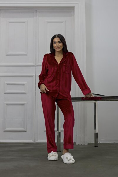 COCCOLARSI Tocco Scintillante Kırmızı Kadife Uzun Pijama Takımı