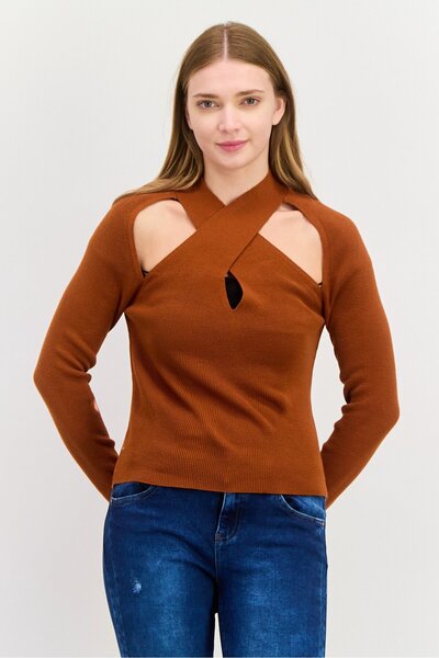 Asos Design بلوزة نسائية محبوكة بأكمام طويلة وياقة متقاطعة، بني