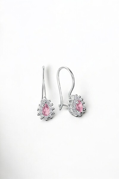 jelux silver Gümüş 925 Ayar Pembe Zirkon Taşlı Anturaj Model Mengeçli Küpe