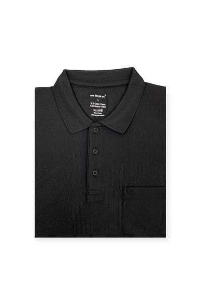 Sadık Collection Ercan Plus Size Black Polo Neck Waffle T-Shirt - Pocket, Short Sleeve 4009