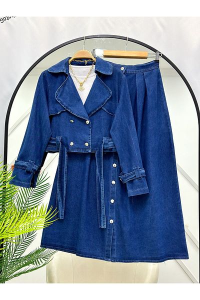YEDİLALE Denim Jacket Skirt Suit [Antiqued Floor Floor Opened Dark Places Available, Wide Fit]